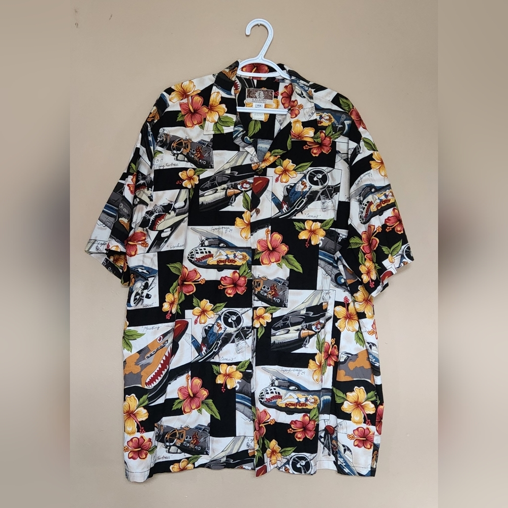 Kalaheo Hawaiian Men 2X Short Sleeve Shirt WWII  Airplane Bomber Floral Women